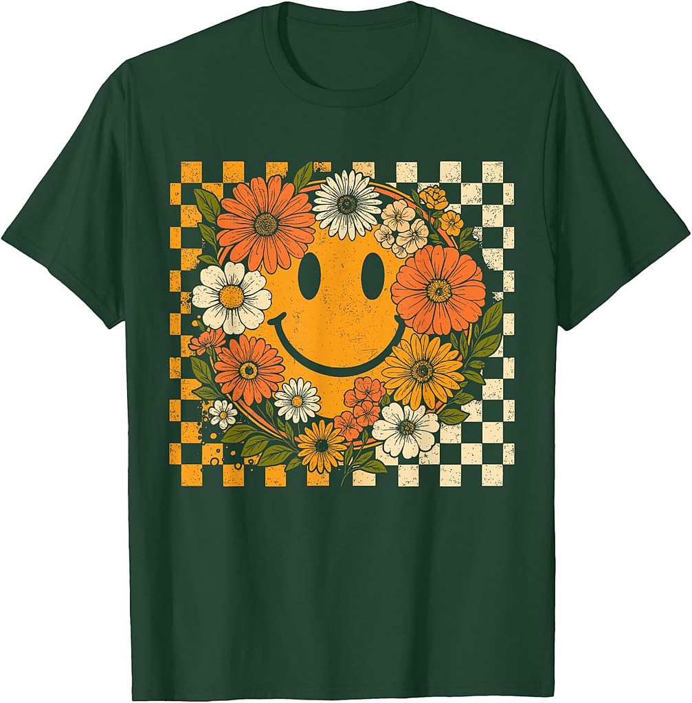 Floral Fall Checkered Smile Face Halloween Thanksgiving 2025 T-Shirt