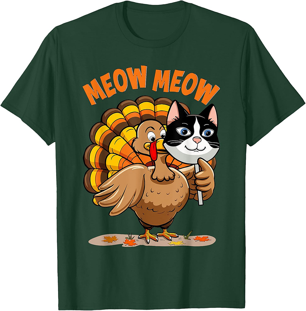 Funny Thanksgiving Funny Turkey Cat Meow T-Shirt for Men Women