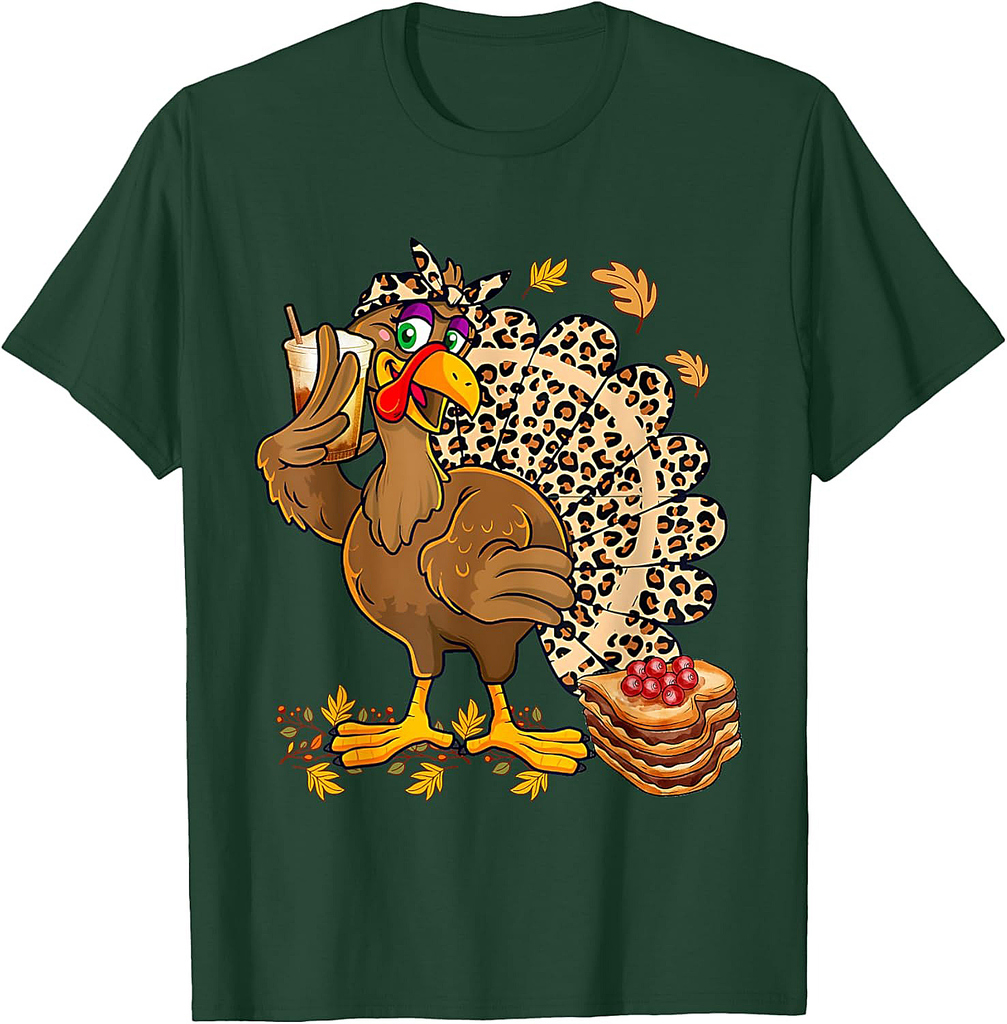 Turkey Drinking Coffee Bow Thanksgiving Womens Turkey Day T-Shirt