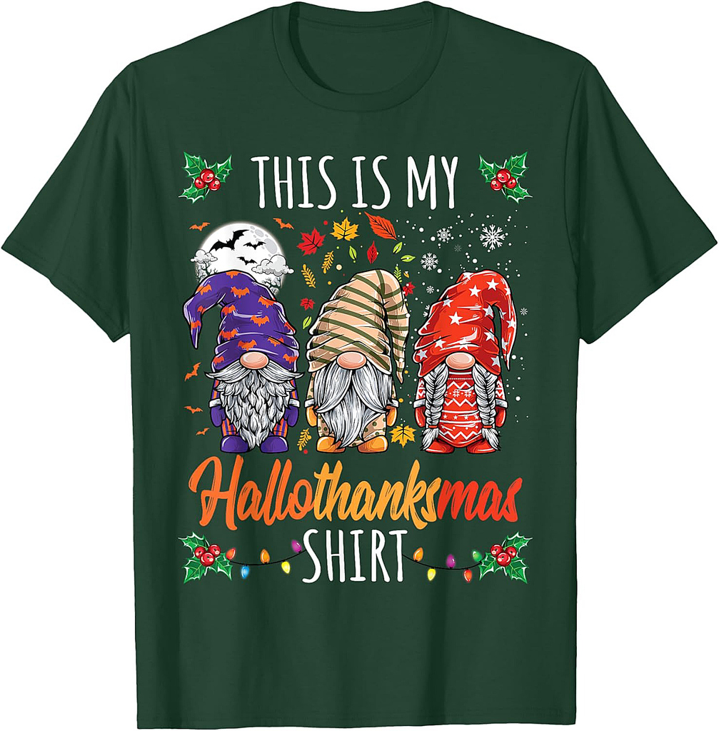 Halloween Thanksgiving Christmas Funny Hallothanksmas Gnomes T-Shirt