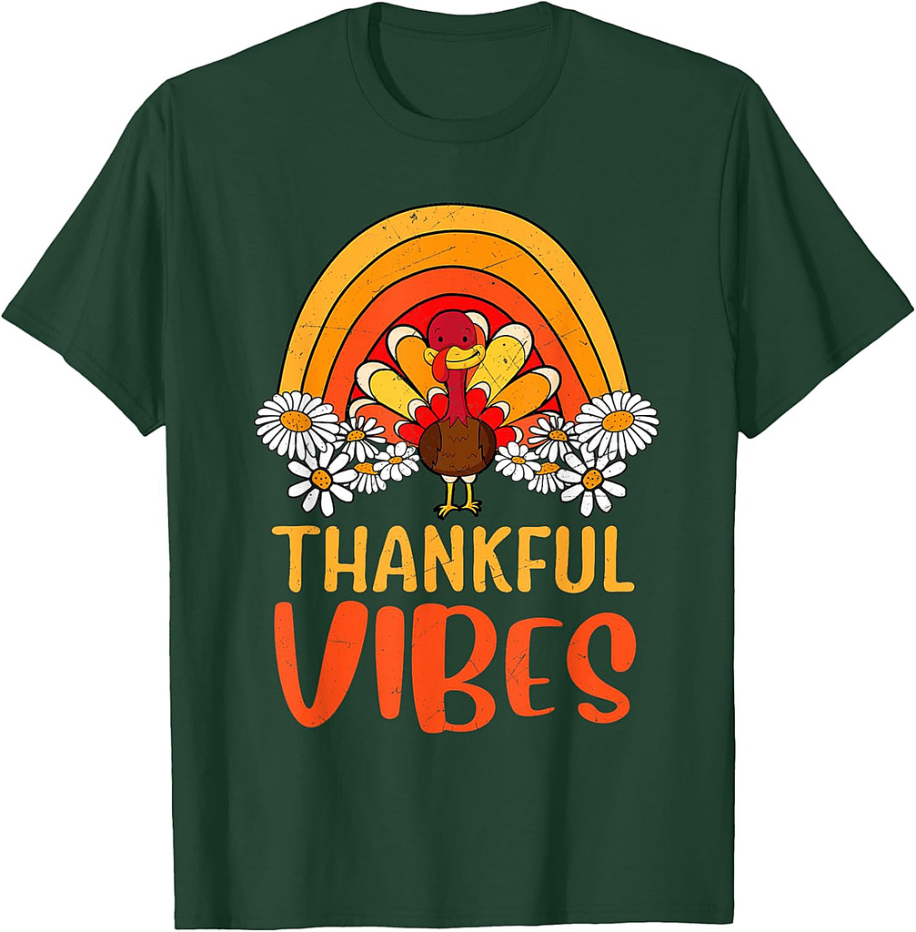 Thankful Vibes Turkey Retro Groovy Thanksgiving Rainbow T-Shirt