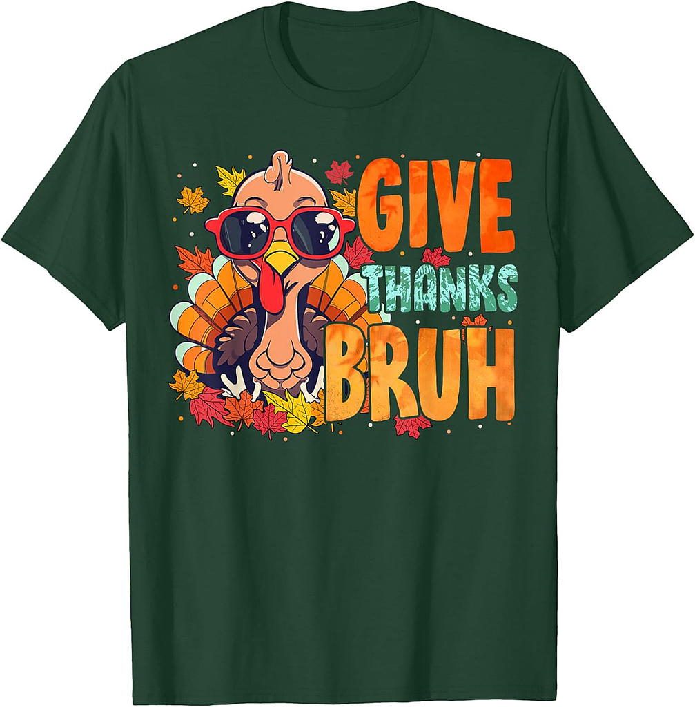 Give Thanks Bruh Thanksgiving Thankful Turkey Fall Leaves T-Shirt