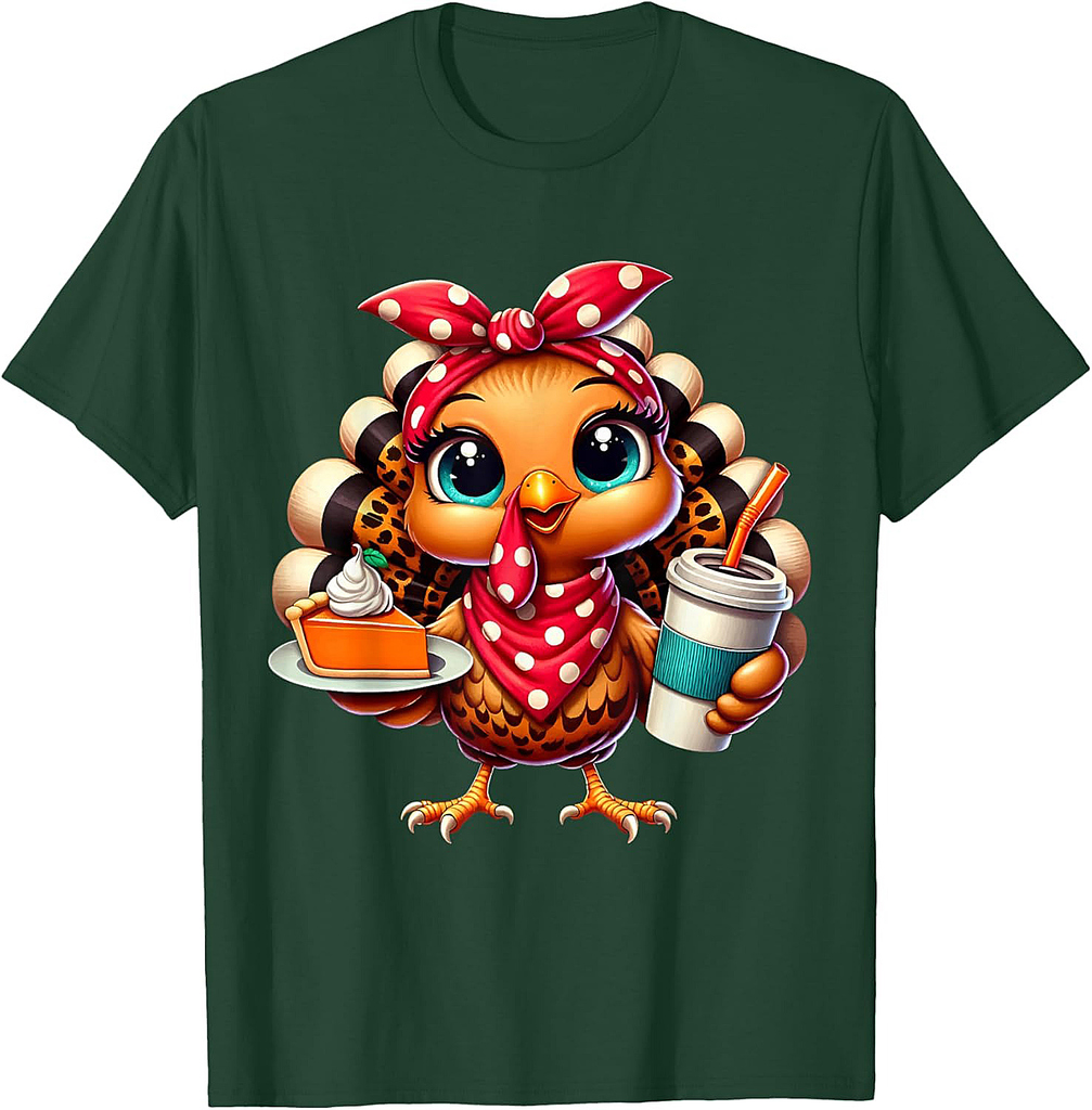 Turkey Drinking Ice Coffee Bow Thanksgiving Women Turkey Day T-Shirt