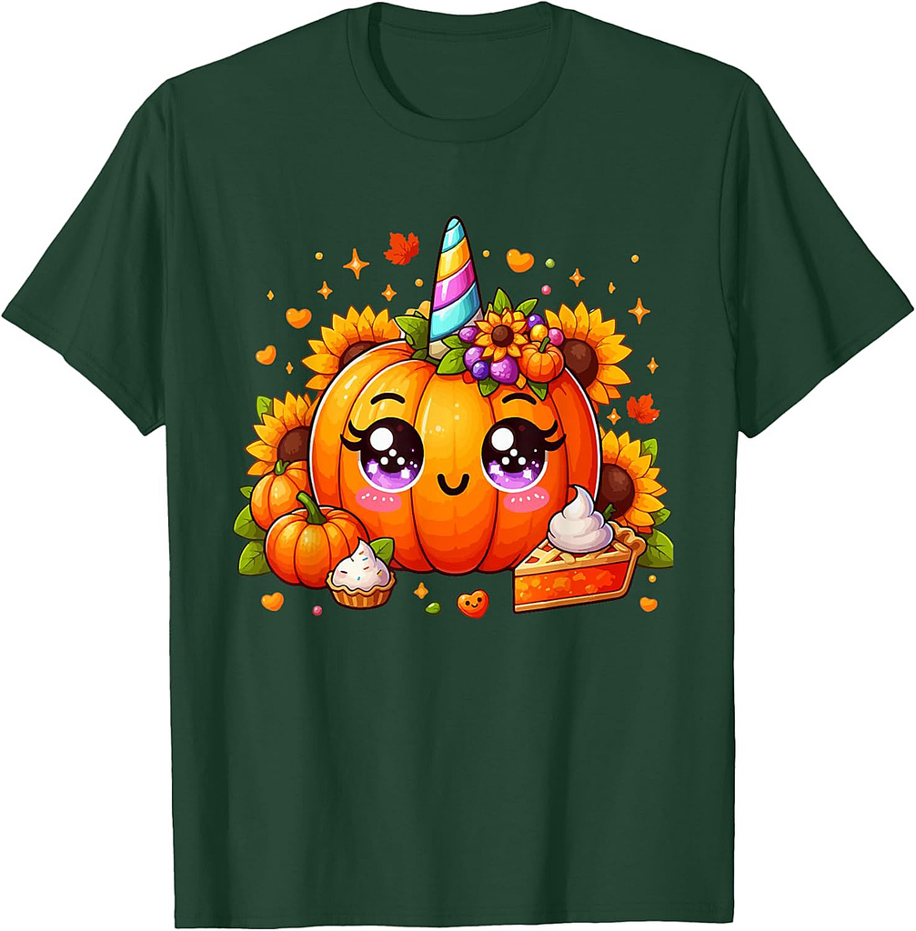 Floral Pumpkin As Unicorn Face Thanksgiving Matching T-Shirt