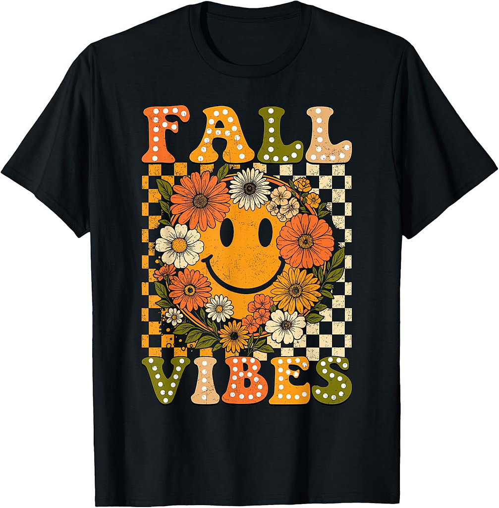 Floral Fall Checkered Smile Face Halloween Thanksgiving 2025 T-Shirt
