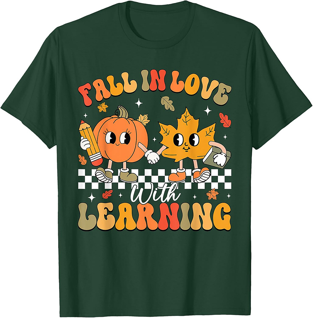 Retro Fall In Love With Learning Autumn Pumpkin Teacher T-Shirt
