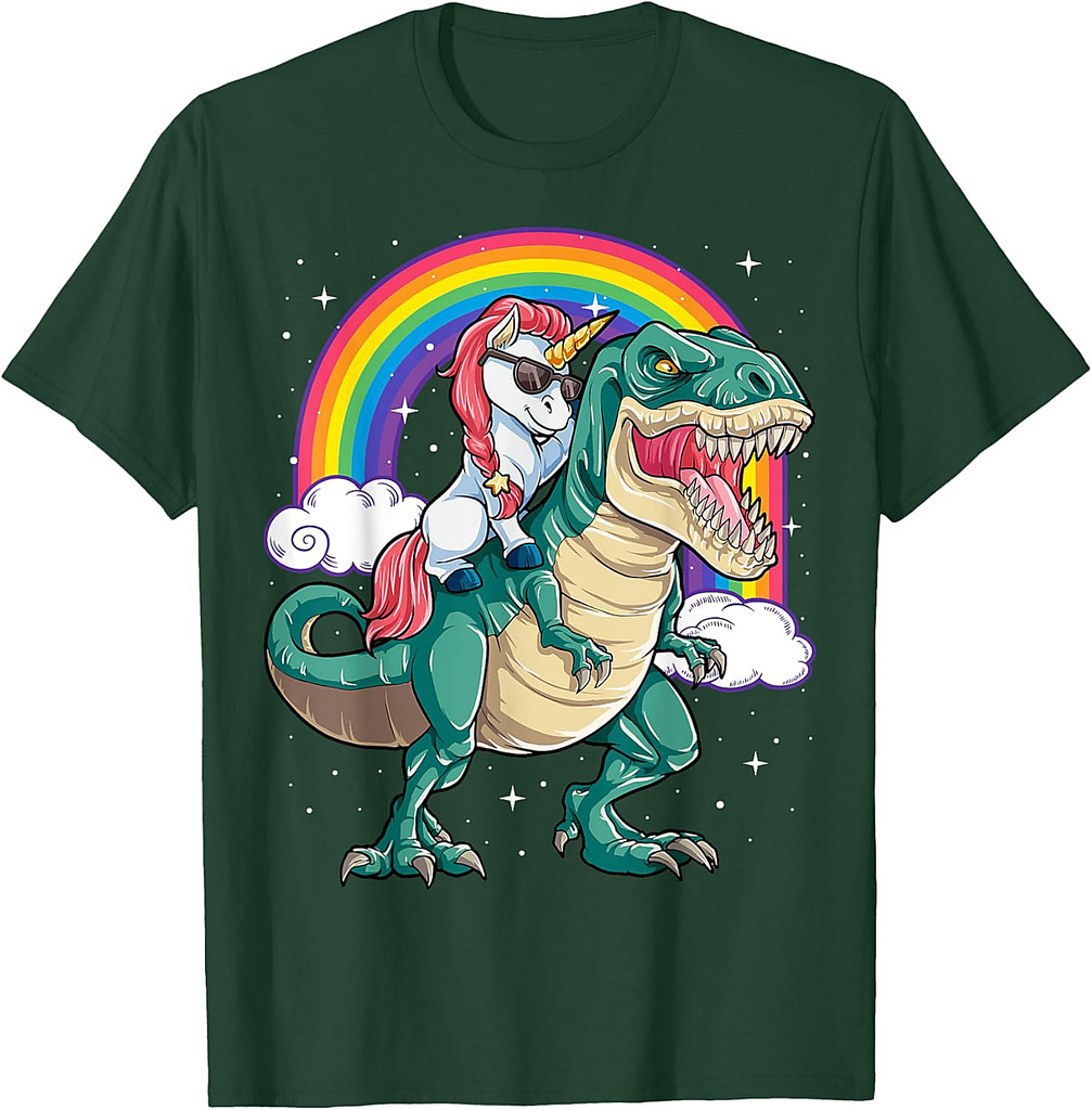 Unicorn Riding T rex Dinosaur Boys Girls Men Women Rainbow Thanksgiving T-Shirt