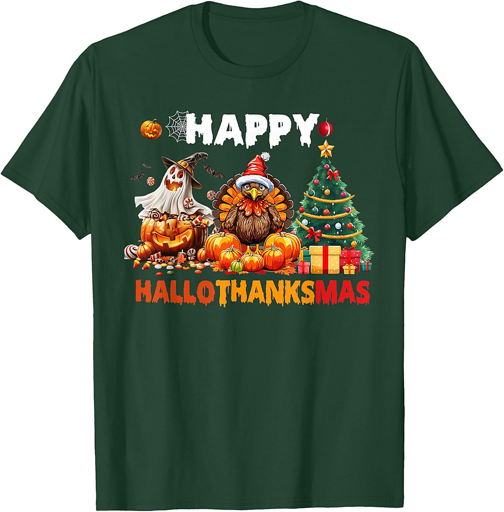Retro Halloween Thanksgiving Christmas Happy HalloThanksMas T-Shirt