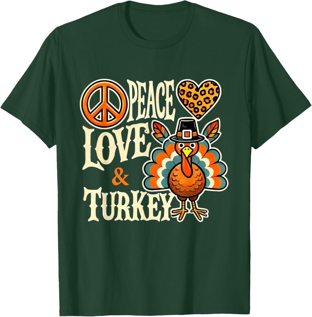 Peace Love Turkey Pilgrim Leopard Print Thanksgiving T-Shirt