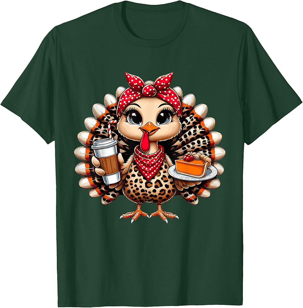 Turkey Drinking Ice Coffee Bow Thanksgiving Women Turkey Day T-Shirt