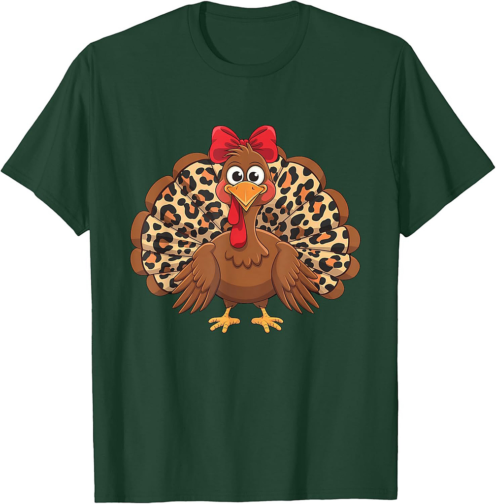Womens Girls Thanksgiving Leopard Turkey Autumn Fall Season T-Shirt