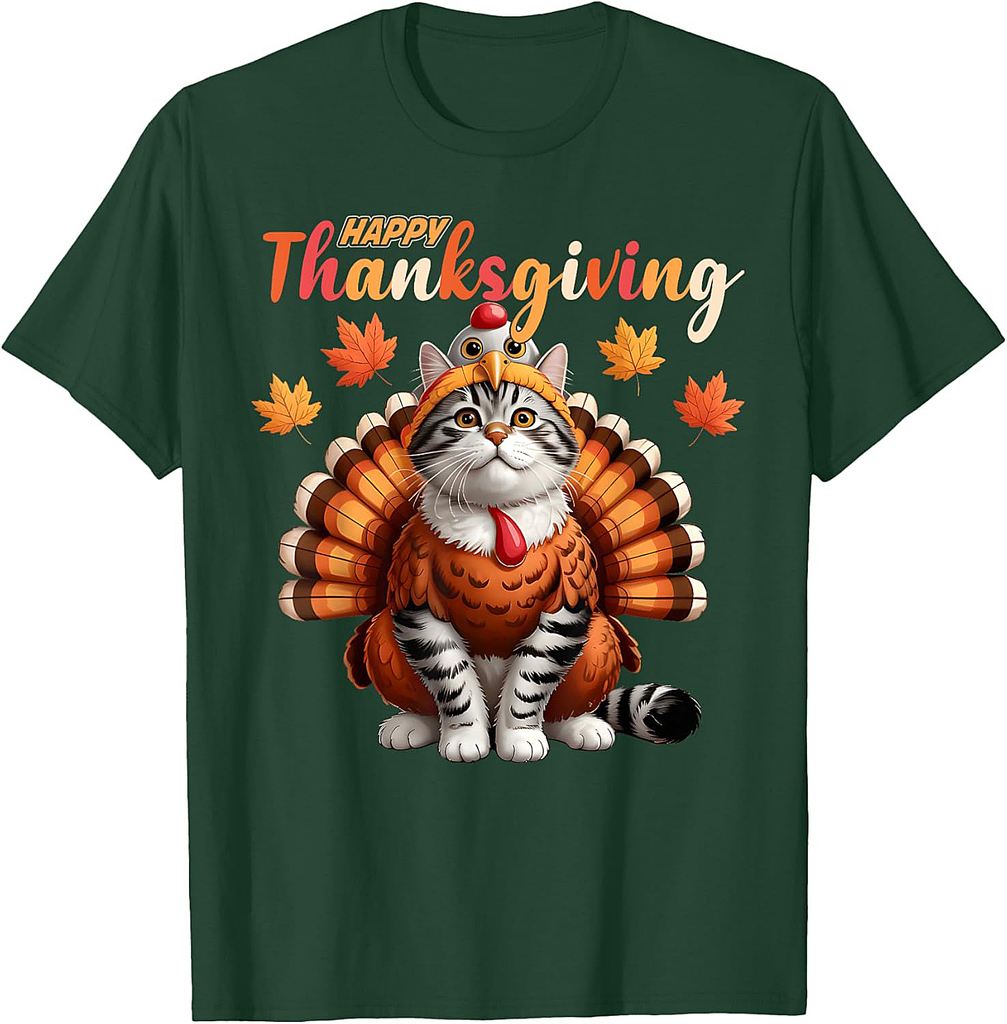Happy Thanksgiving Cat Turkey Day Fall Women Girls  Men T-Shirt