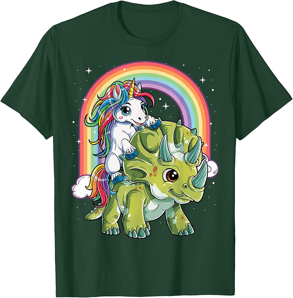 Unicorn Riding Dinosaur Triceratops Funny Boys Girls Rainbow Thanksgiving T-Shirt