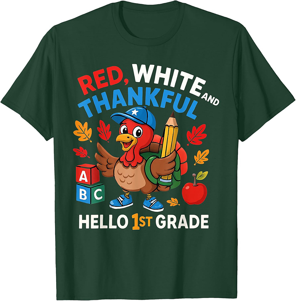 Red White Thankful Hello 1st Grade Fall Turkey School T-Shirt