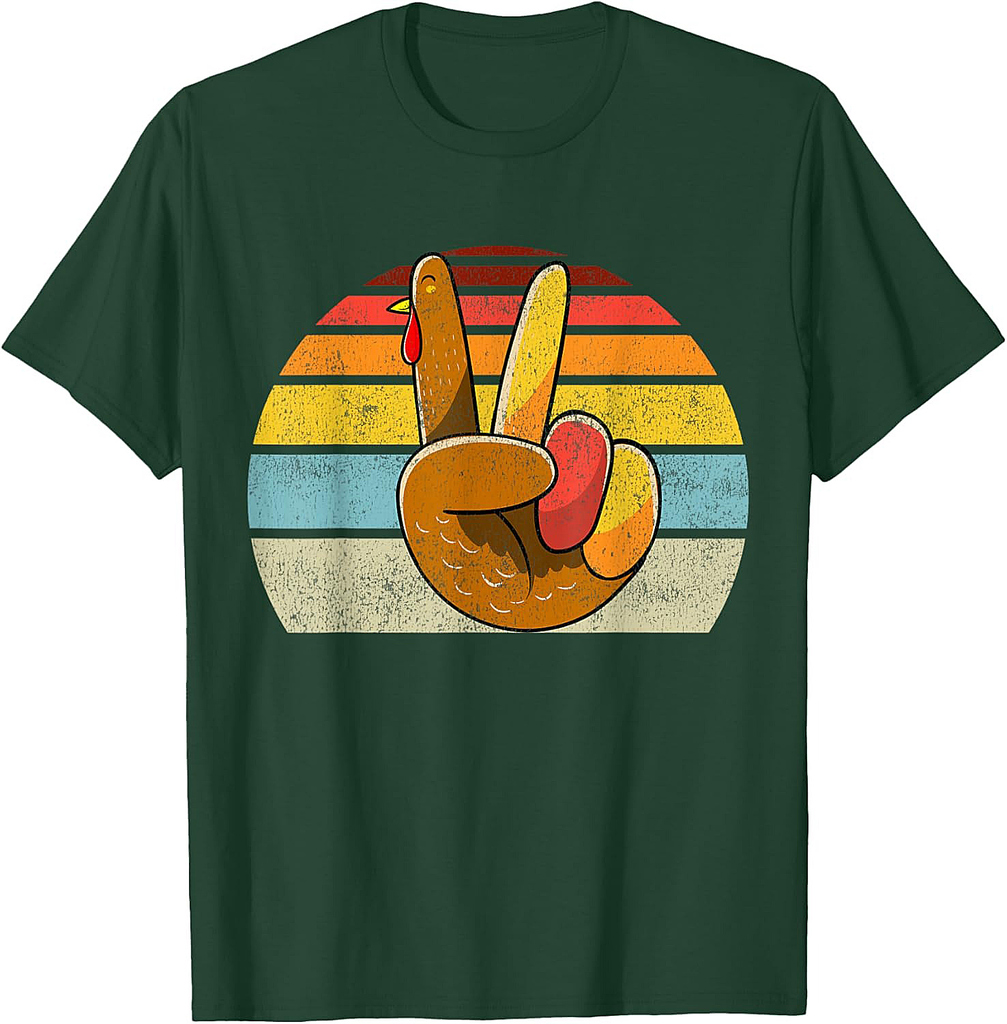 Peace Sign Turkey Hand Thanksgiving Retro Style Women Girls T-Shirt