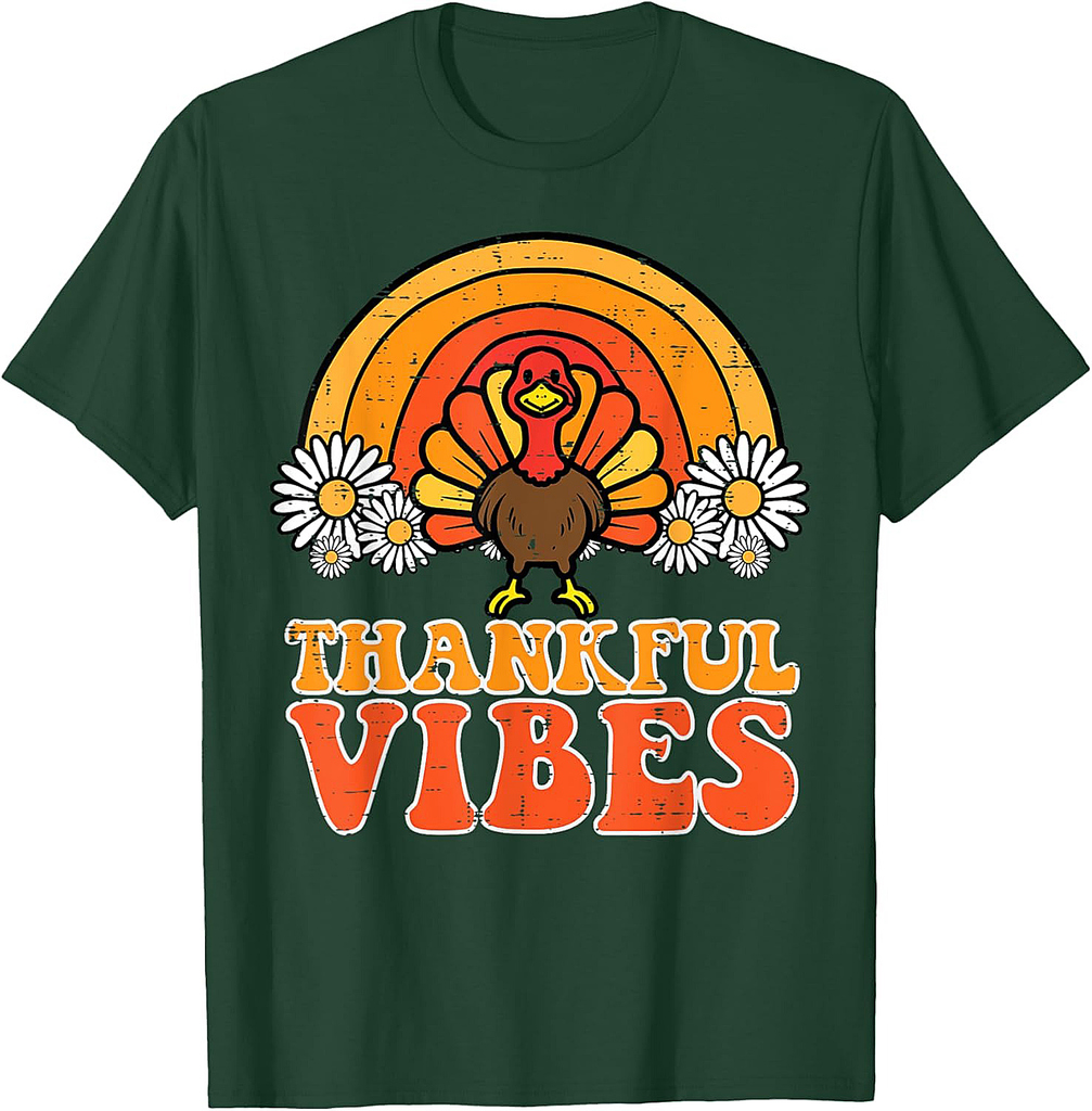 Thankful Vibes Turkey Rainbow Funny Retro Thanksgiving Women 001 T-Shirt