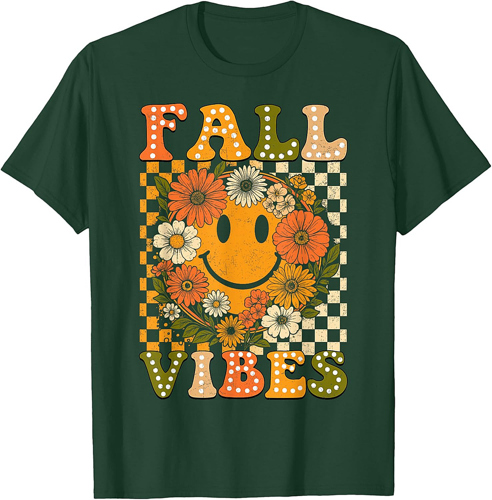 Floral Fall Checkered Smile Face Halloween Thanksgiving 2025 T-Shirt