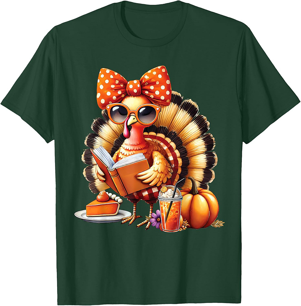 Cute Turkey Reading Book Lovers Thanksgiving Bow Womens T-Shirt