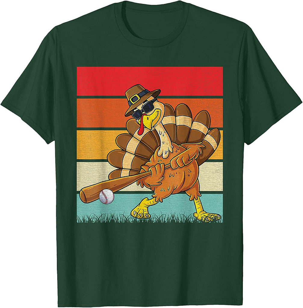 Retro Turkey & Baseball Ball Autumn Fall Vibes Thanksgiving T-Shirt