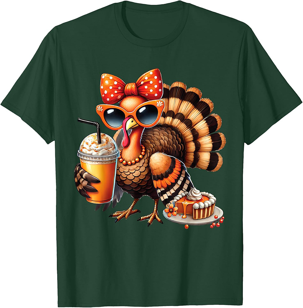 Turkey Drinking Coffee Bow Thanksgiving Womens Turkey Day T-Shirt