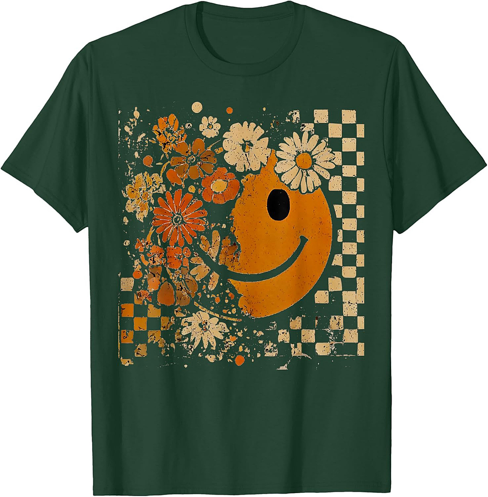 Fall Vibes Smile Face Thanksgiving Floral Checkered Women T-Shirt