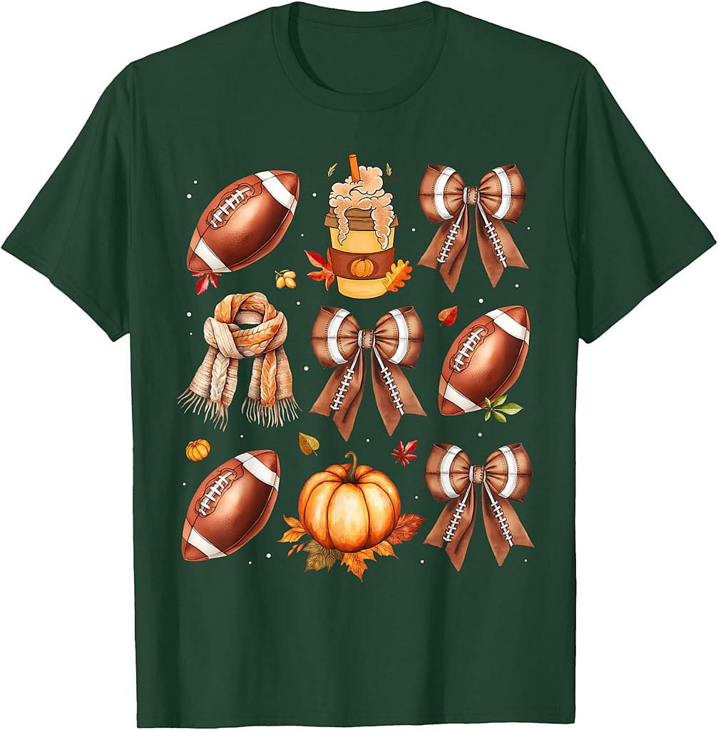 Coffee Football Coquette Bow Fall Vibes Pumpkin Thanksgiving T-Shirt
