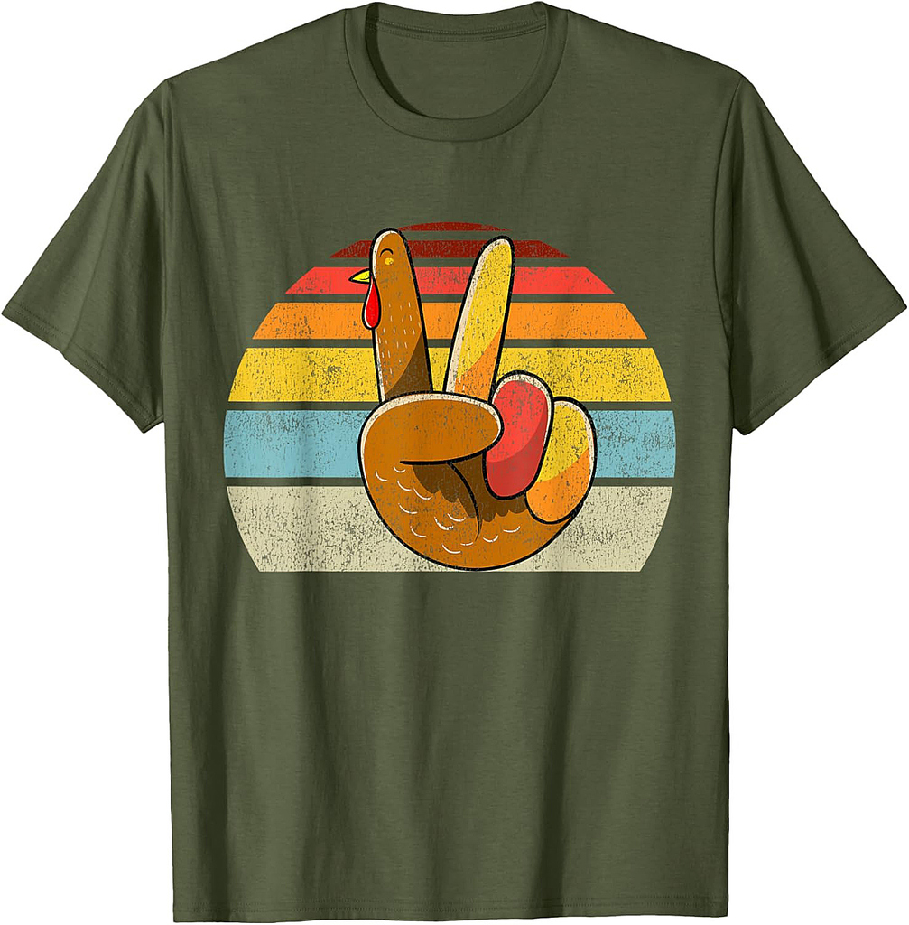 Peace Sign Turkey Hand Thanksgiving Retro Style Women Girls T-Shirt