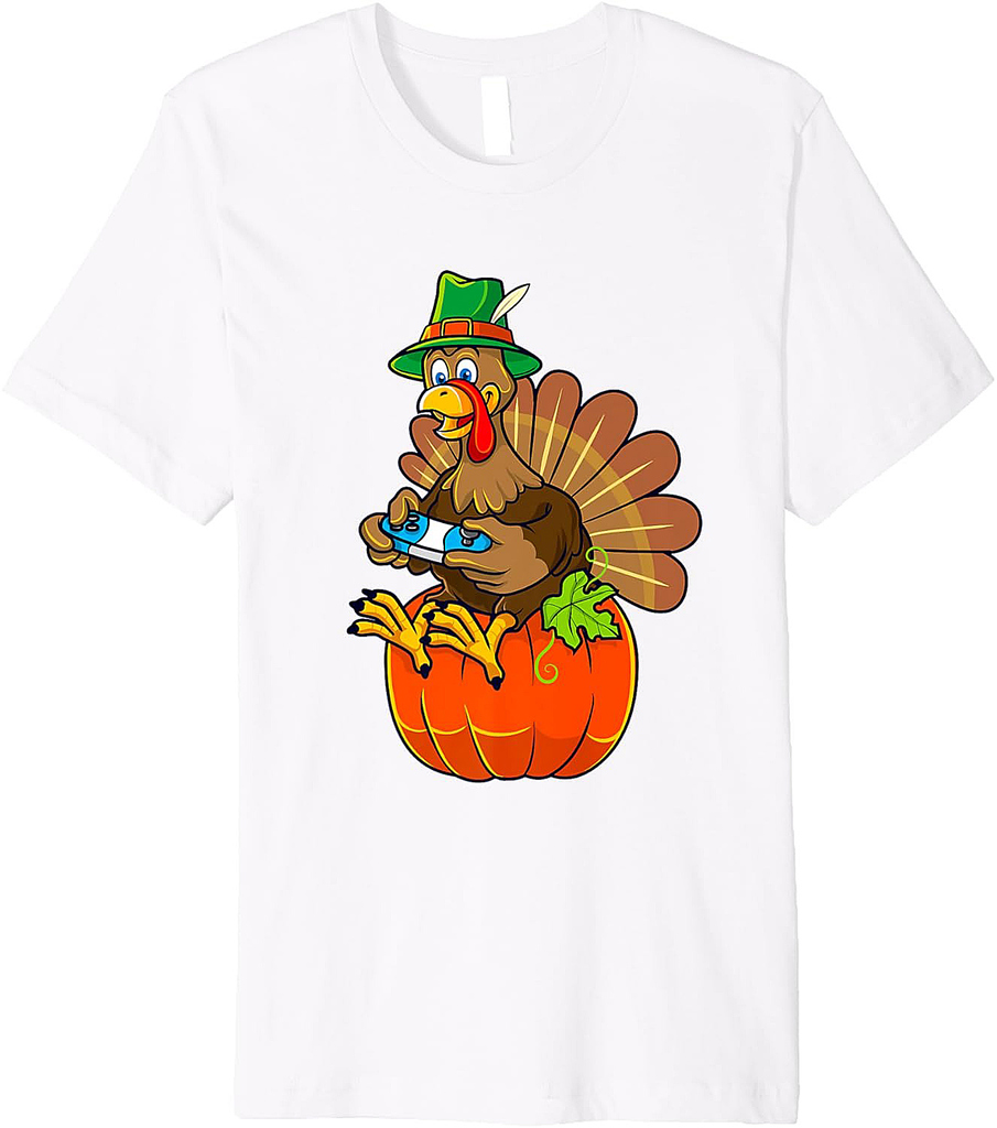 Thanksgiving Turkey Gamer Pumpkin Boys Teens Gaming Premium T-Shirt