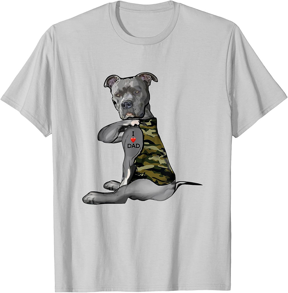 Pitbull I Love Dad Tattoo Funny Pitties Tattooed Fathers Day T-Shirt