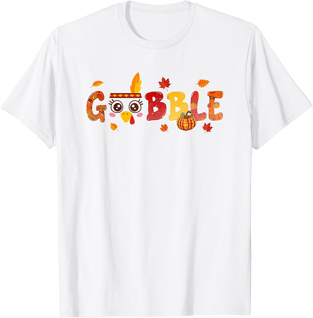 Gobble Thanksgiving Cute Turkey Face Fall Leaves Pumpkins T-Shirt
