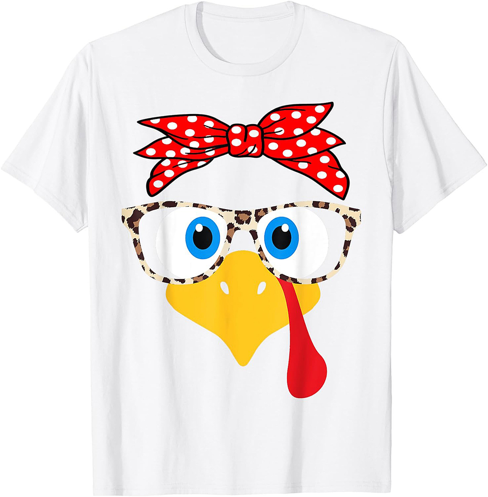 Turkey Face Leopard Print Glasses Thanksgiving Women Girl T-Shirt