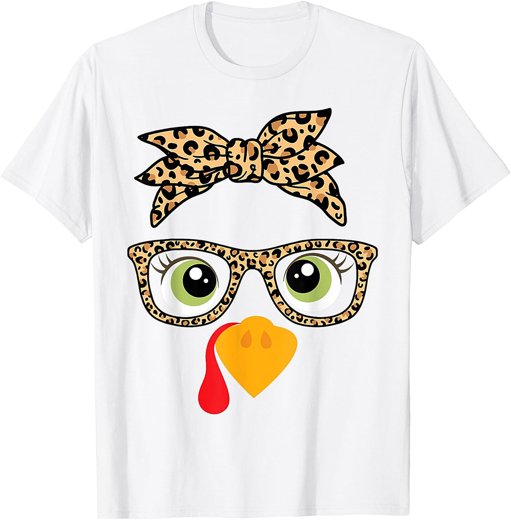 Thanksgiving Turkey Face Leopard Print Glasses Women Girls T-Shirt