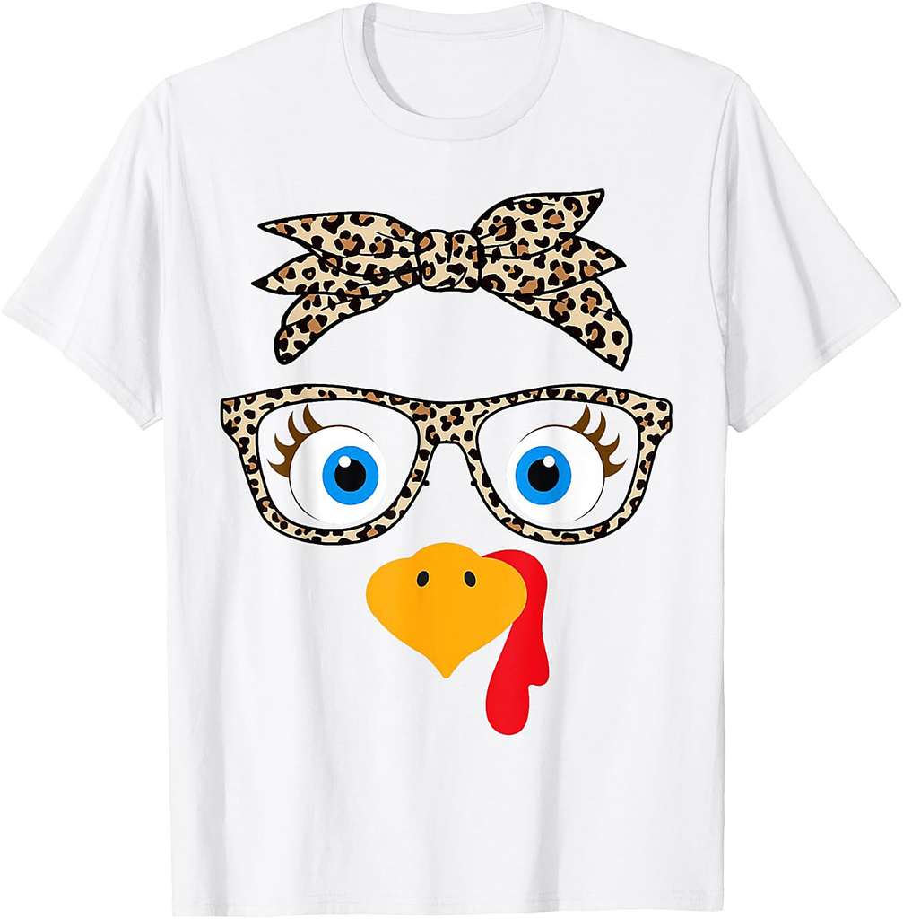 Leopard Print Thanksgiving Turkey Face Glasses Women Girls T-Shirt