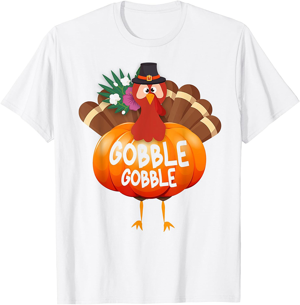 Gobble Gobble Cute Thanksgiving Turkey In Hawaiian Pumpkin T-Shirt