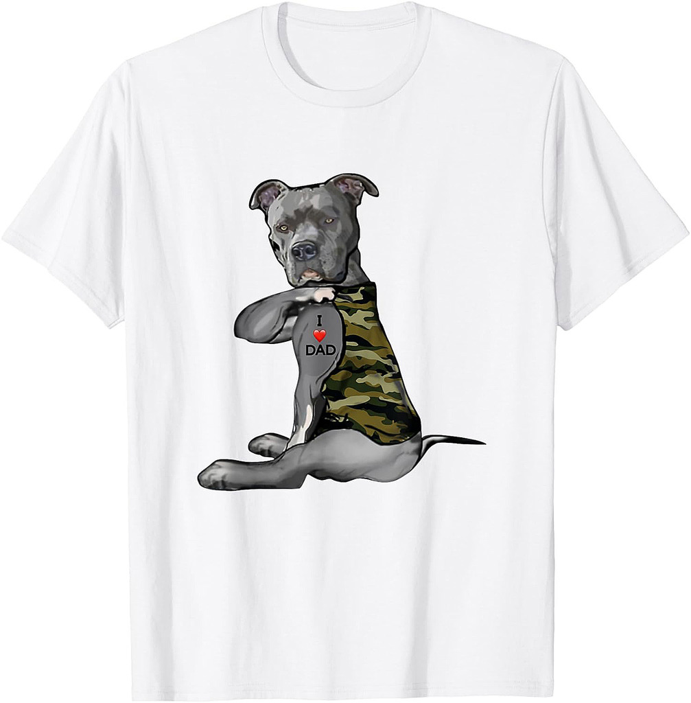 Pitbull I Love Dad Tattoo Funny Pitties Tattooed Fathers Day T-Shirt