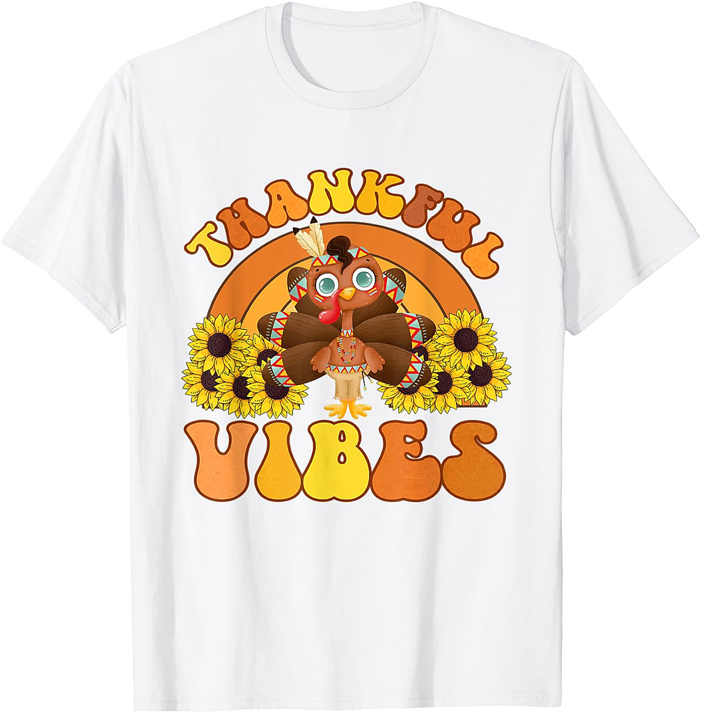 Retro Thankful Vibes Autumn Groovy Thanksgiving Turkey  Thanksgiving T-Shirt