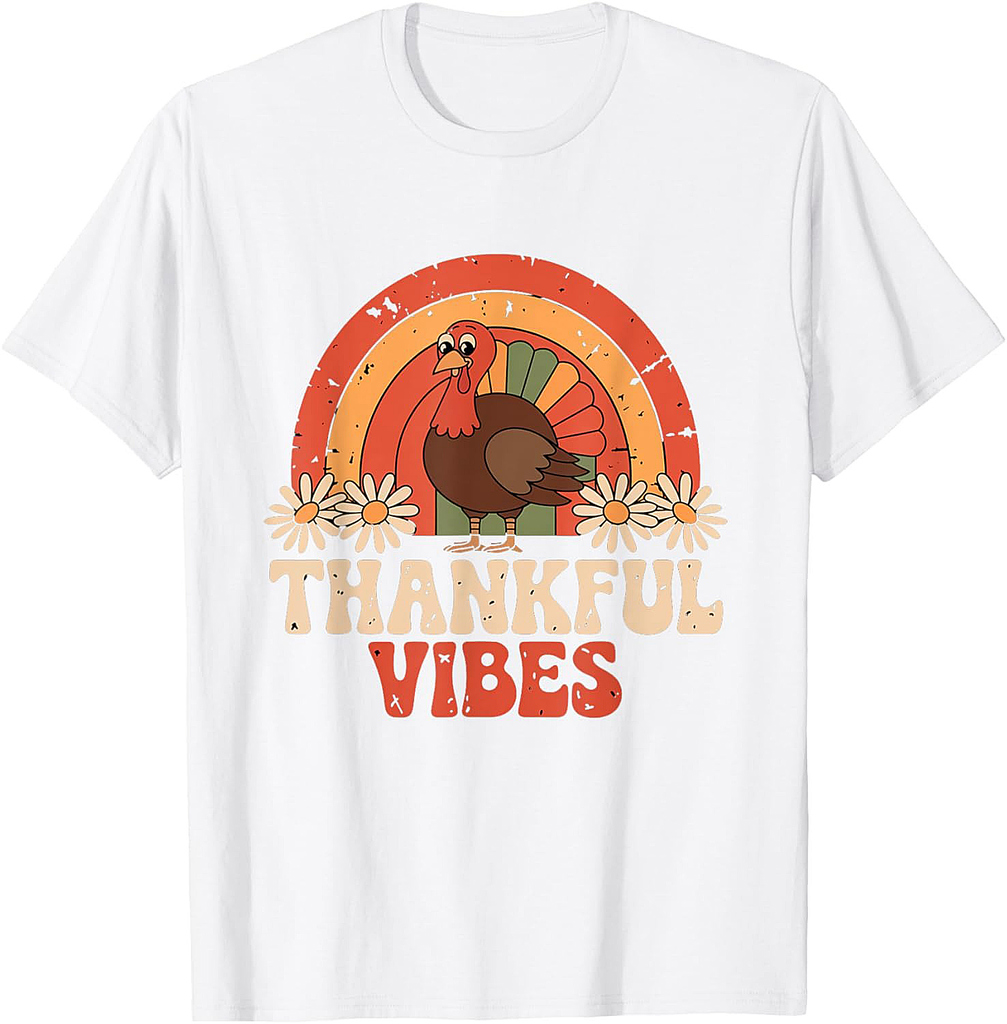 Retro Vintage Thankful Vibes Turkey Rainbow Thanksgiving 003 T-Shirt