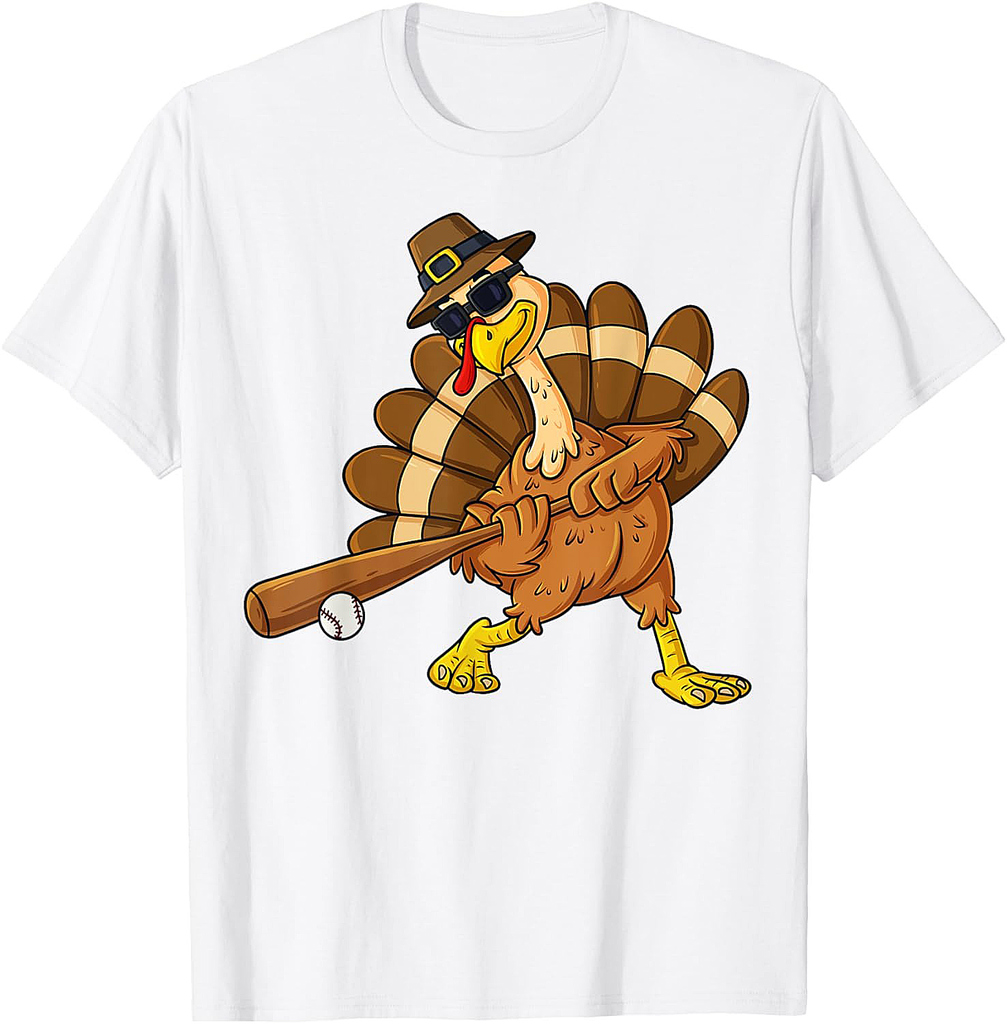 Thanksgiving Turkey Swinging Baseball Bat Boys Teens T-Shirt