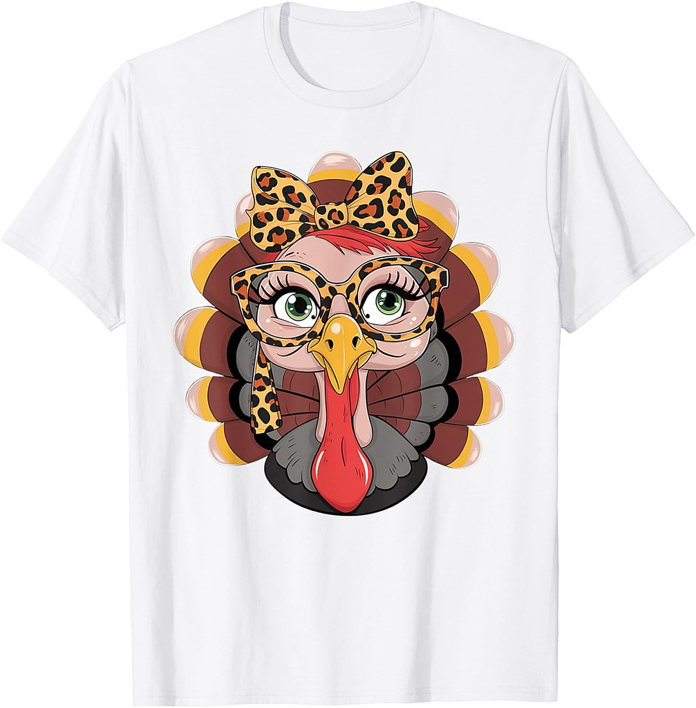 Thanksgiving Turkey Face Leopard Print Glasses Women Girls T-Shirt