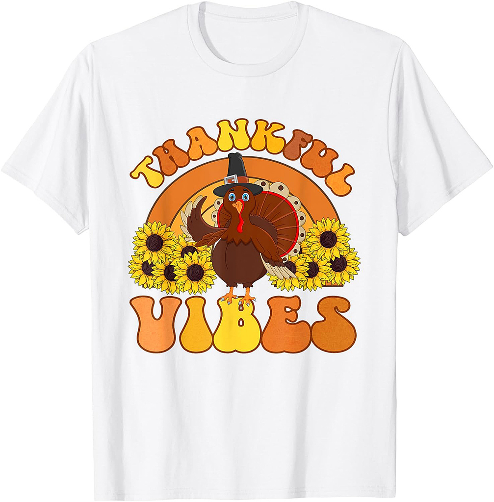 Thankful Vibes Thanksgiving Turkey Family Retro Groovy T-Shirt