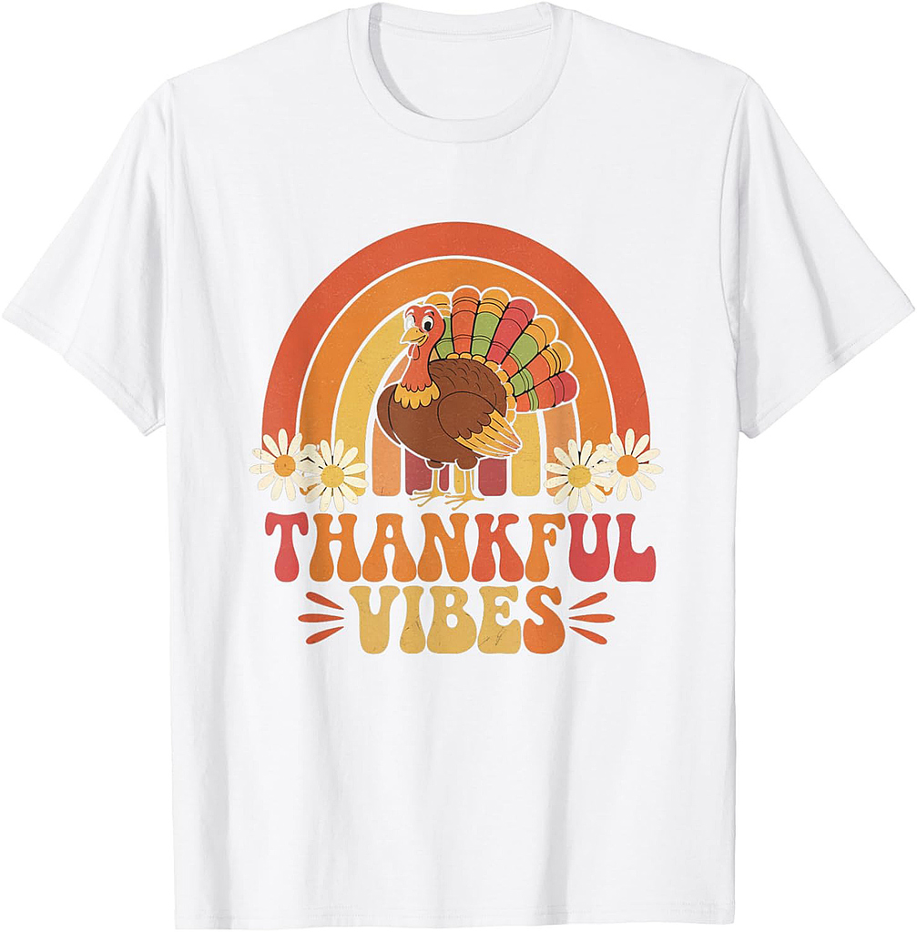 Retro Vintage Thankful Vibes Turkey Rainbow Thanksgiving T-Shirt