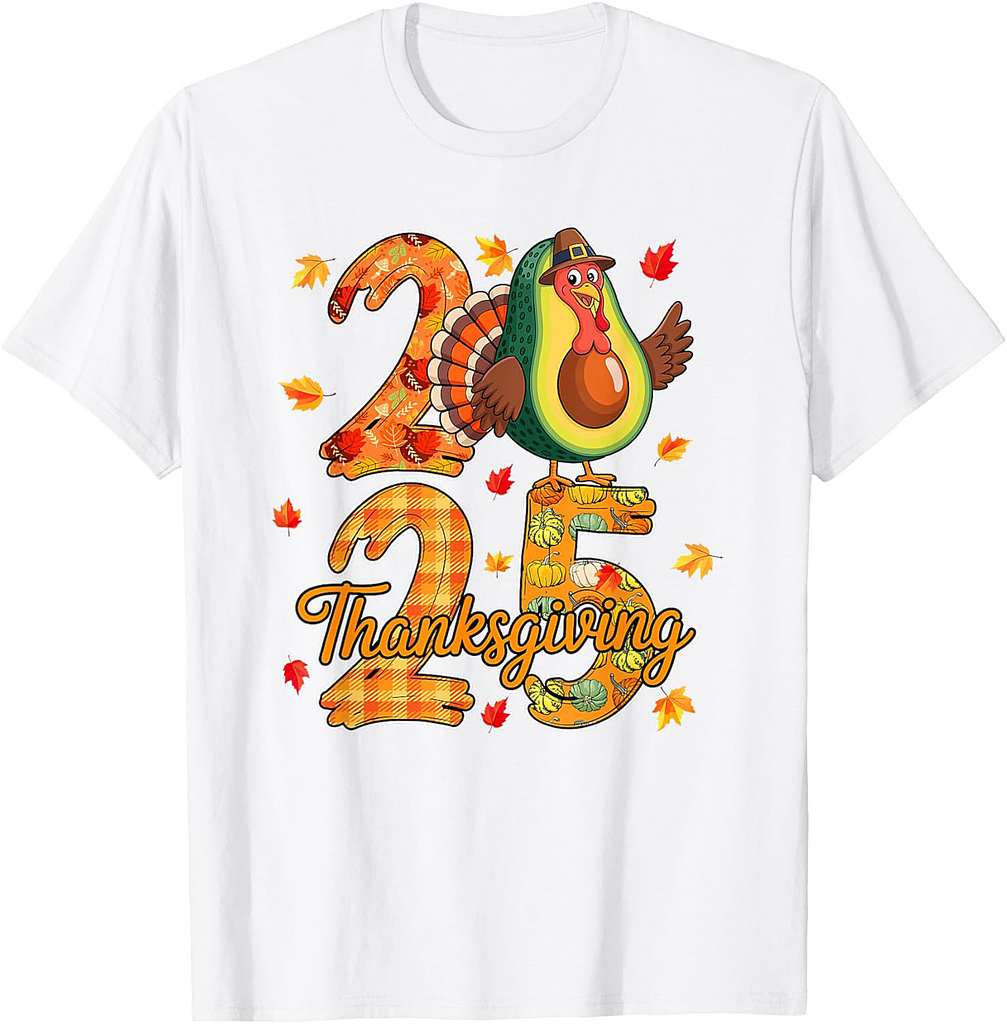 Thanksgiving 2025 Cute Turkey As Avocado Vegan Fall Leaves T-Shirt