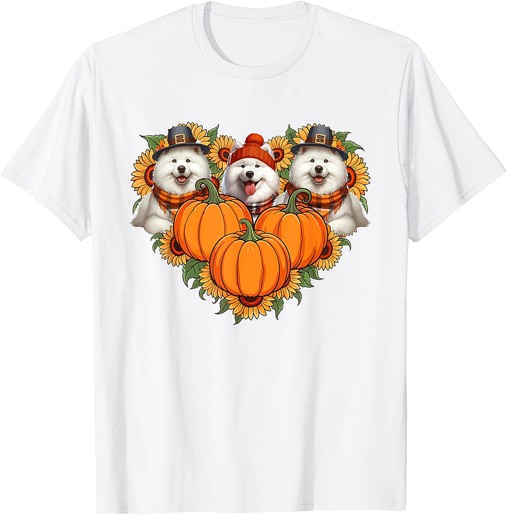 Three Cute Samoyeds Thanksgiving Pilgrim Fall Sunflowers T-Shirt