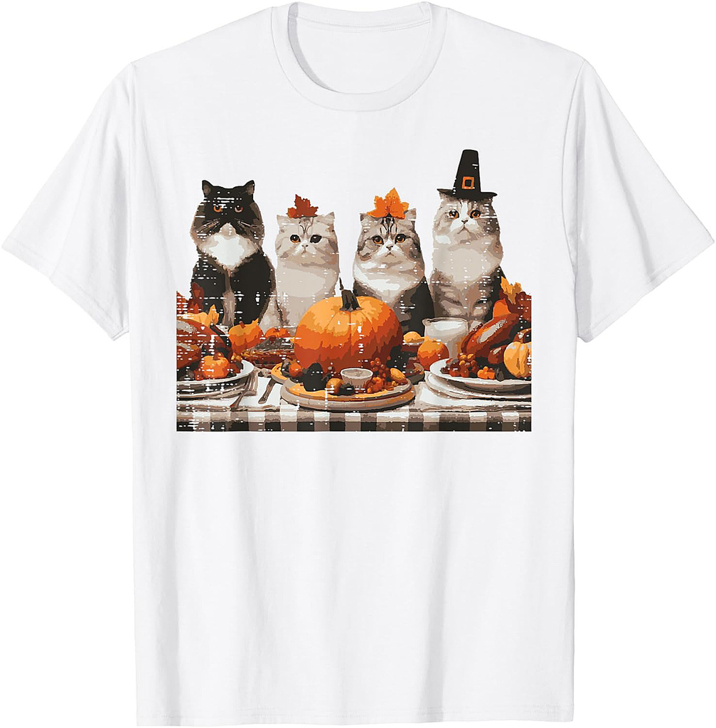 Thanksgiving Cats Dinner Feast Vintage Fall Men Women T-Shirt