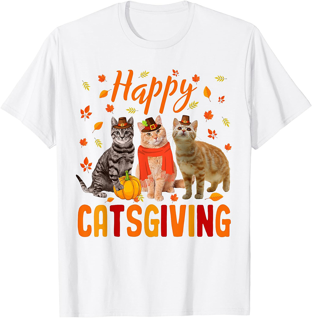 Happy Catsgiving Cute Thanksgiving Cat Wears Pilgrim Hat T-Shirt