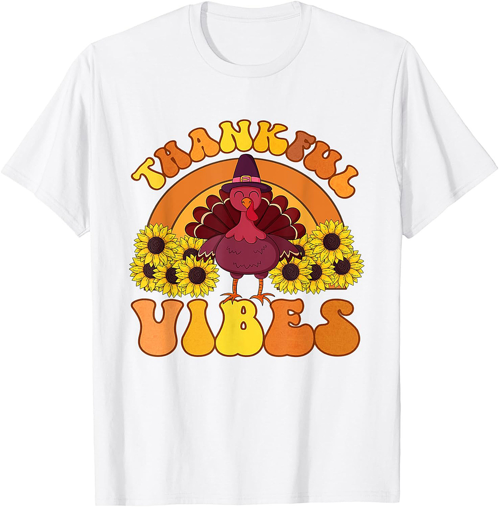 Retro Thankful Vibes Autumn Groovy Thanksgiving Turkey 001 T-Shirt