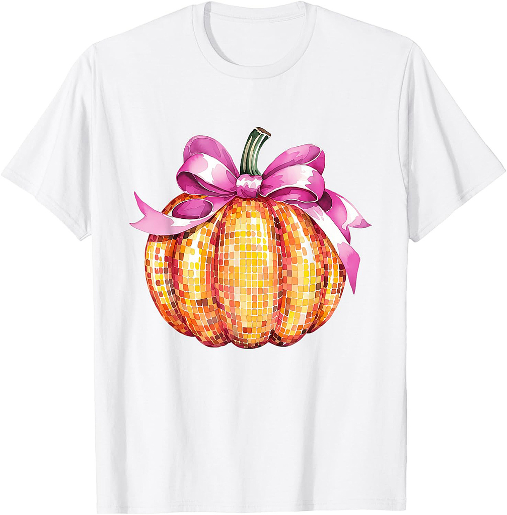 Retro Coquette Pumpkin Pink Bow Fall Thanksgiving Women Girl T-Shirt