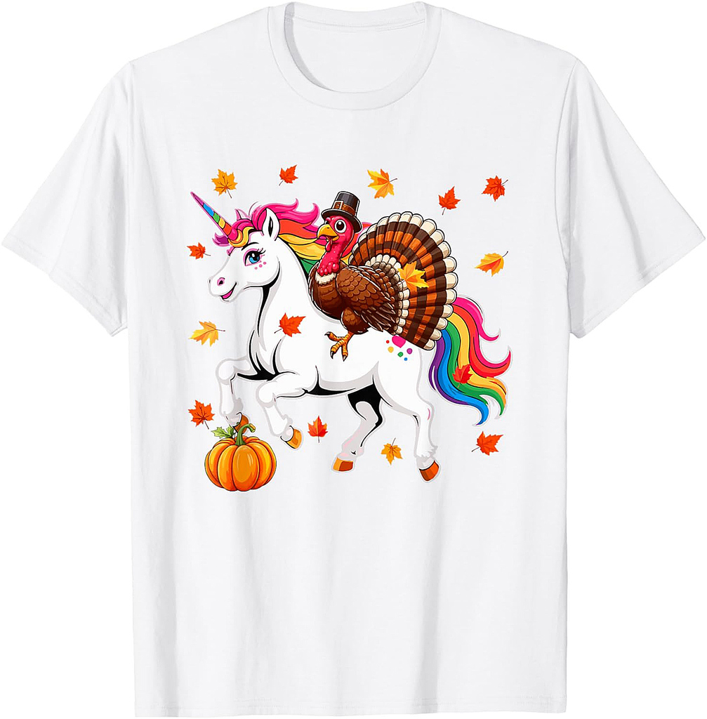 Turkey Riding Unicorn Thanksgiving Fall Leaves Pumpkin Lover T-Shirt