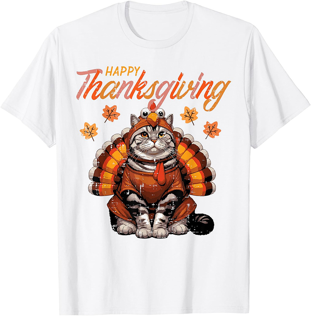 Happy Thanksgiving Cat Turkey Day Fall Women Girls Men T-Shirt