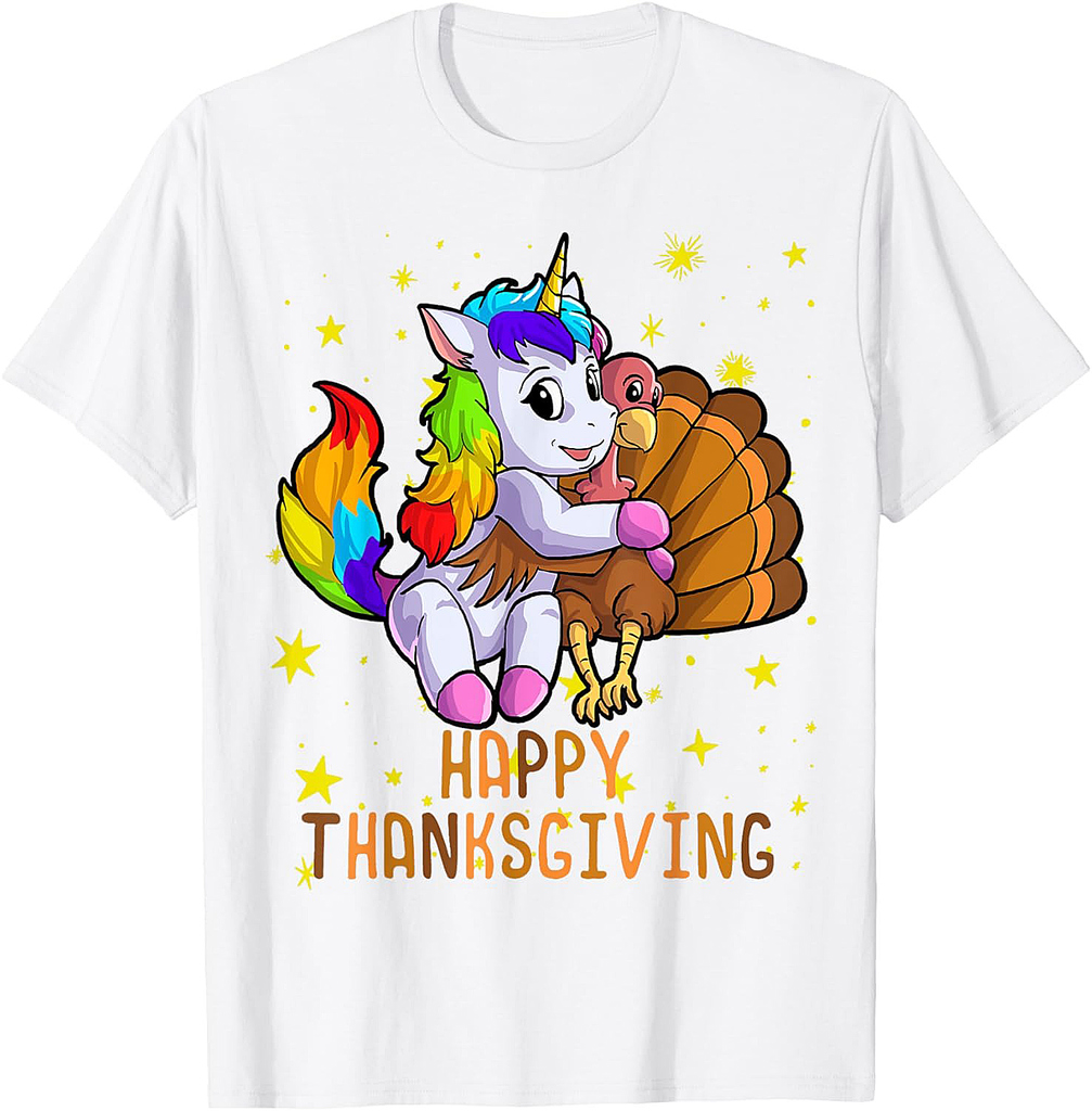 Cute Unicorn Hugs Turkey Happy Thanksgiving Girls T-Shirt